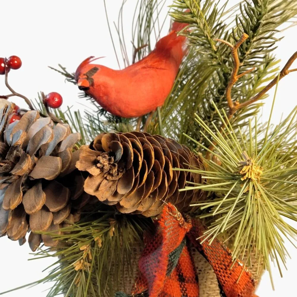 Rustic Burlap Christmas Evergreen Centerpiece Cardinal Pinecones Winter Decor
